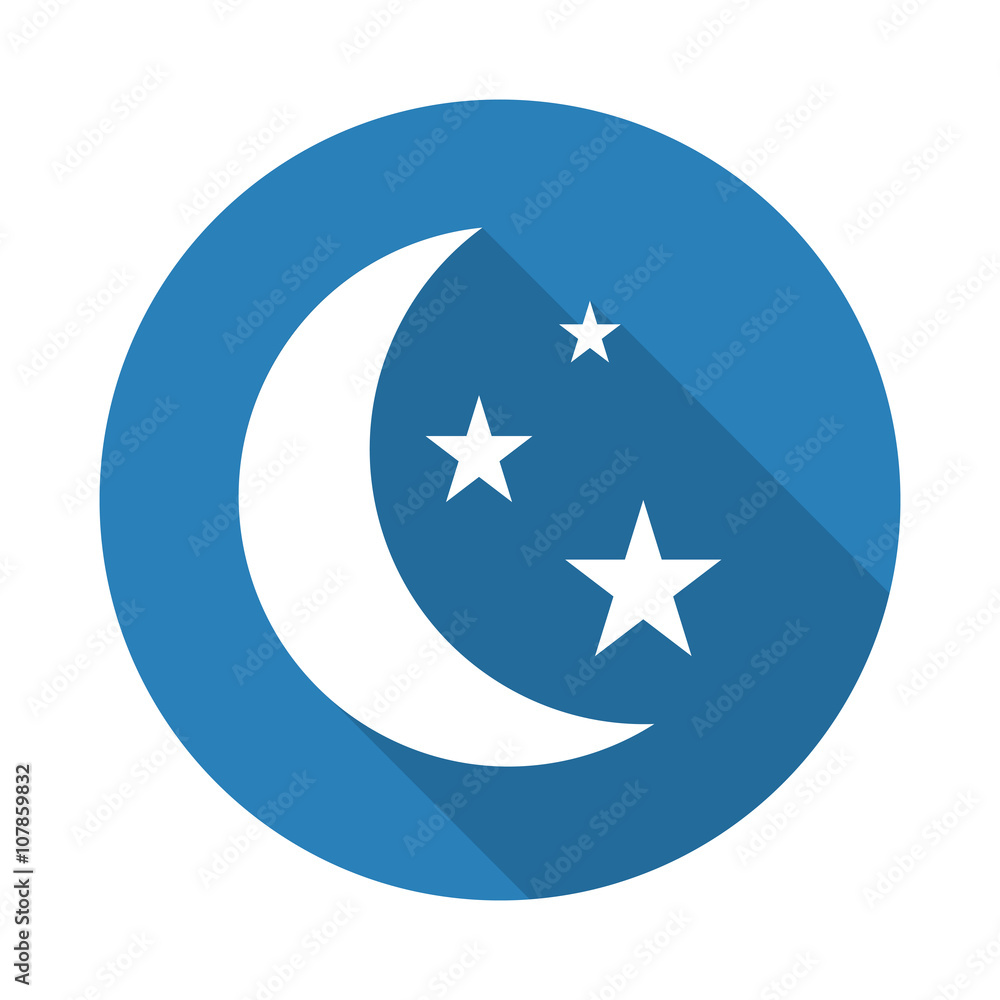 Flat white Moon And Stars web icon with long drop shadow on blue Flat white Moon And Stars web icon with long drop shadow on blue