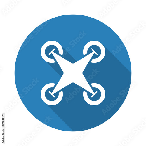 Flat white Drone Quadcopter web icon with long drop shadow on bl