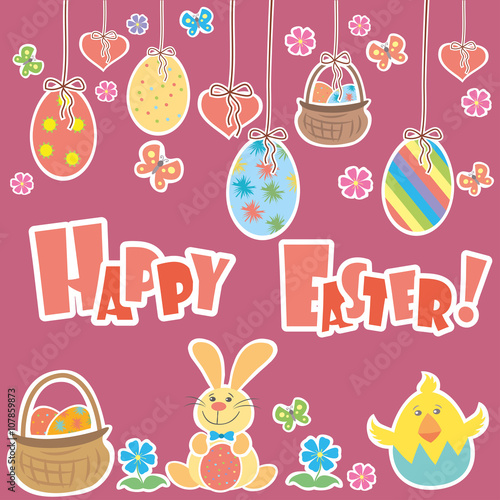 Easter Background with cute rabbit, colorful eggs and a chick