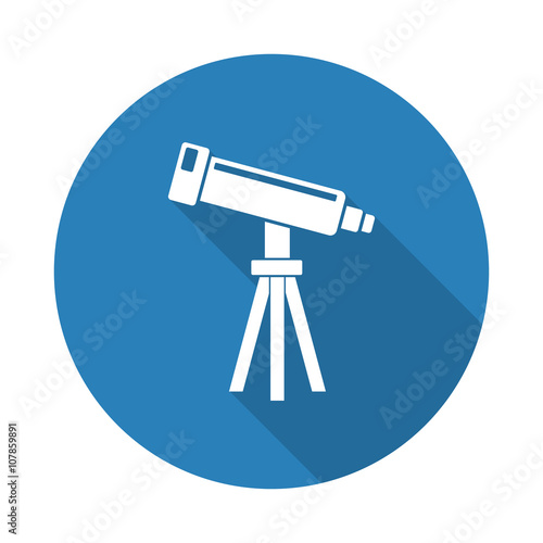 Flat white Telescope web icon with long drop shadow on blue circ