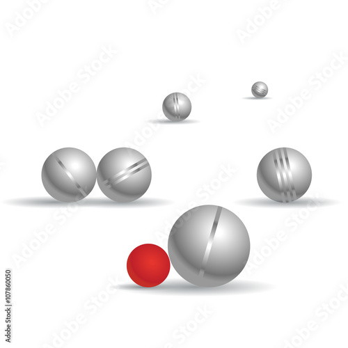 Petanque game balls on white background. Bocce shading spheres with shadows. Play time. Parlour game for leisure time. Fork perspective, horizontal composition. Isolated master vector illustration.