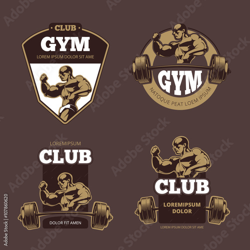 Fitness and bodybuilder sports retro emblems, labels, badges, logos