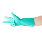 Hand in rubber latex glove with gesture showing three fingers over white isolated background
