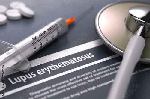 Lupus erythematosus - Printed Diagnosis on Grey Background with Blurred Text and Composition of Pills, Syringe and Stethoscope. Medical Concept. Selective Focus. 3D Render.  photo