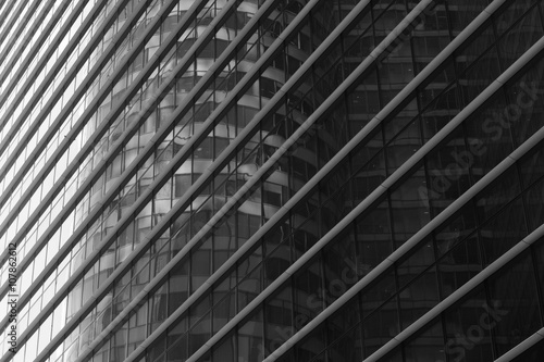 Skyscrapers with glass facade. Modern buildings in Paris. Concepts of economics, financial, business future. Copy space for text. Black and white