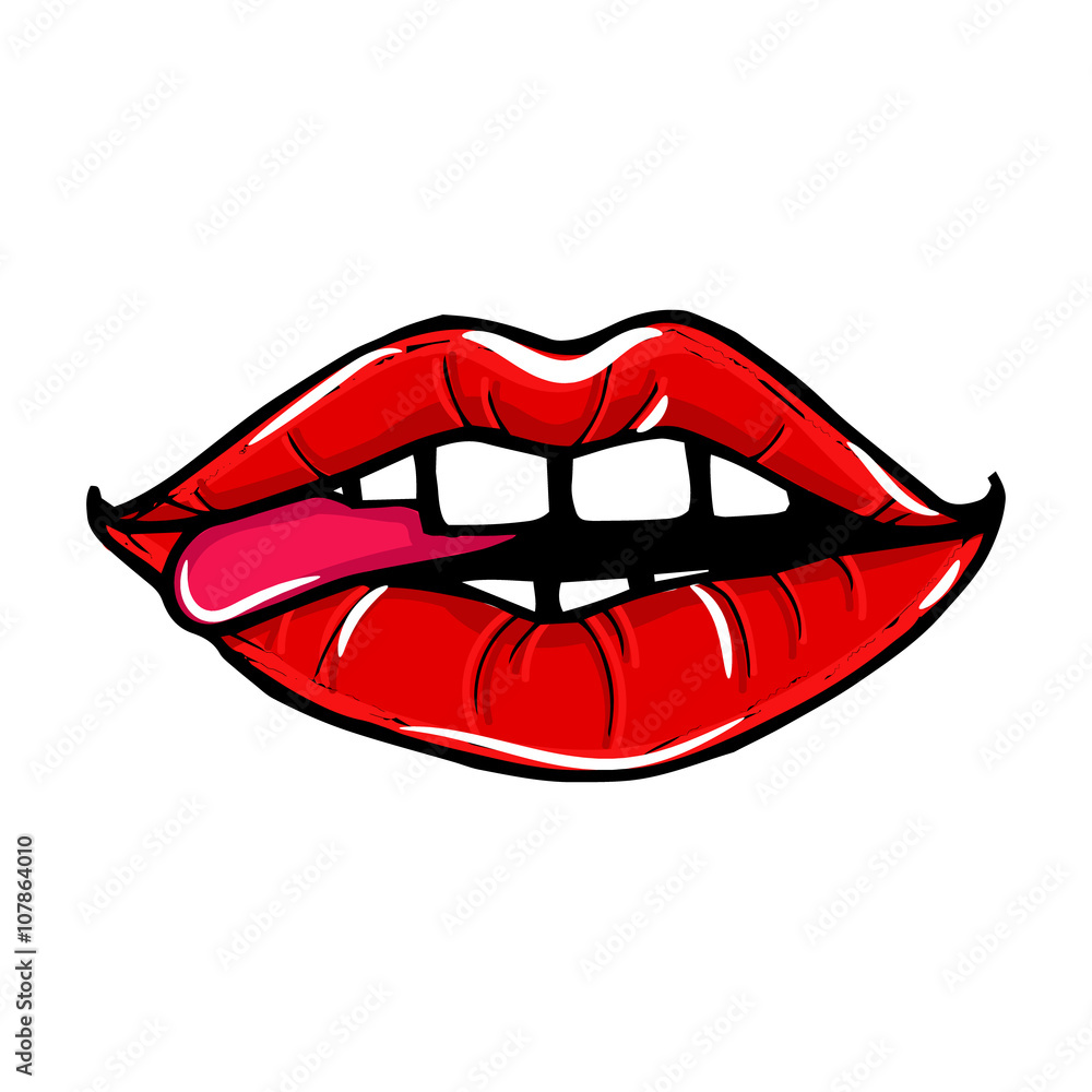 Open female mouth with red lips with tongue. Womens lips isolated on a white background. Vector illustration of sexy lips. Mouth kiss. Open female mouth with red lips with tongue. Womens lips isolated on a white background. Vector illustration of sexy lips. Mouth kiss.