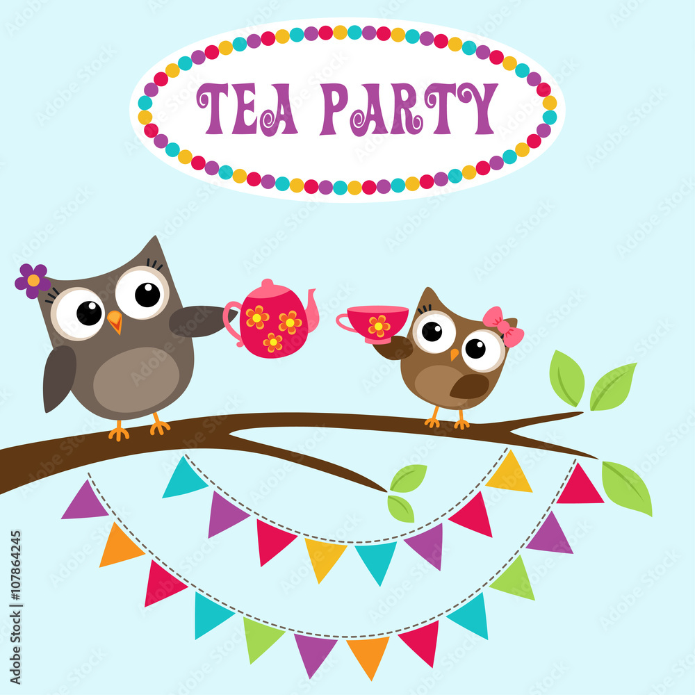 Obraz premium Tea party invitation with cute owls