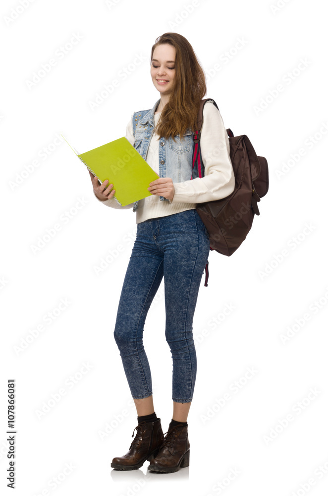 Pretty student holding textbooks isolated on white
