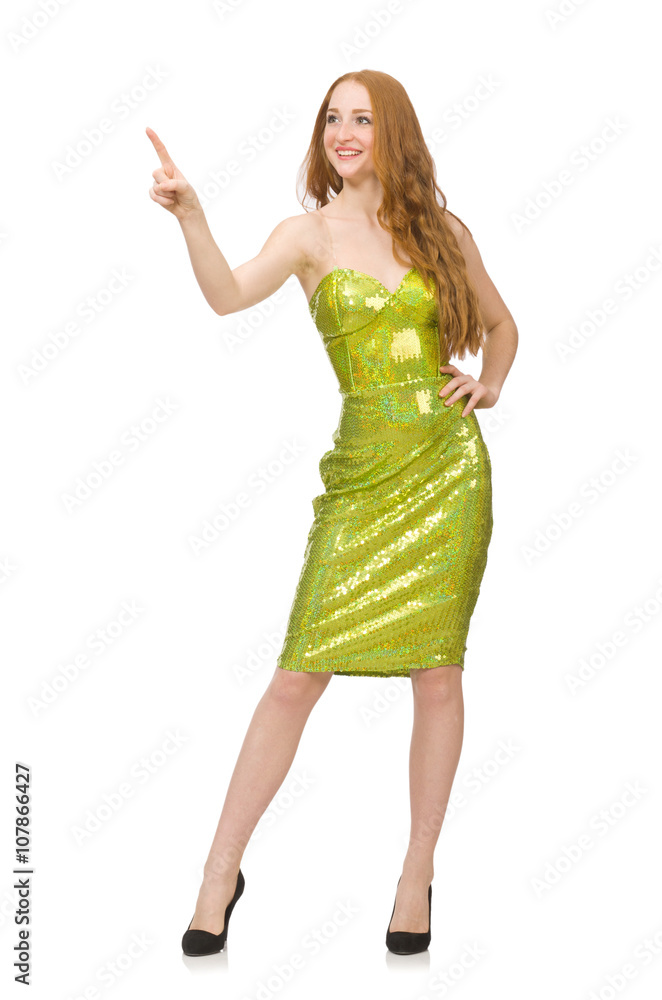Fototapeta premium Red hair girl in sparkling green dress isolated on white