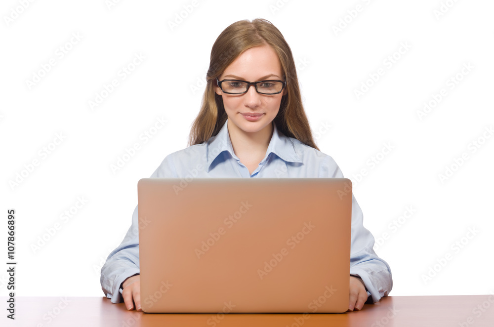 Office employee holding laptop isolated on white Office employee holding laptop isolated on white