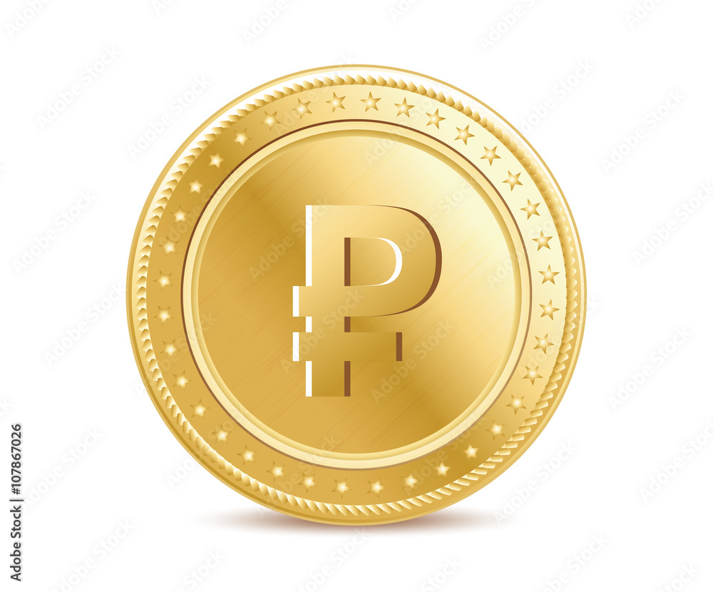 Golden isolated ruble coin on the white background Golden isolated ruble coin on the white background