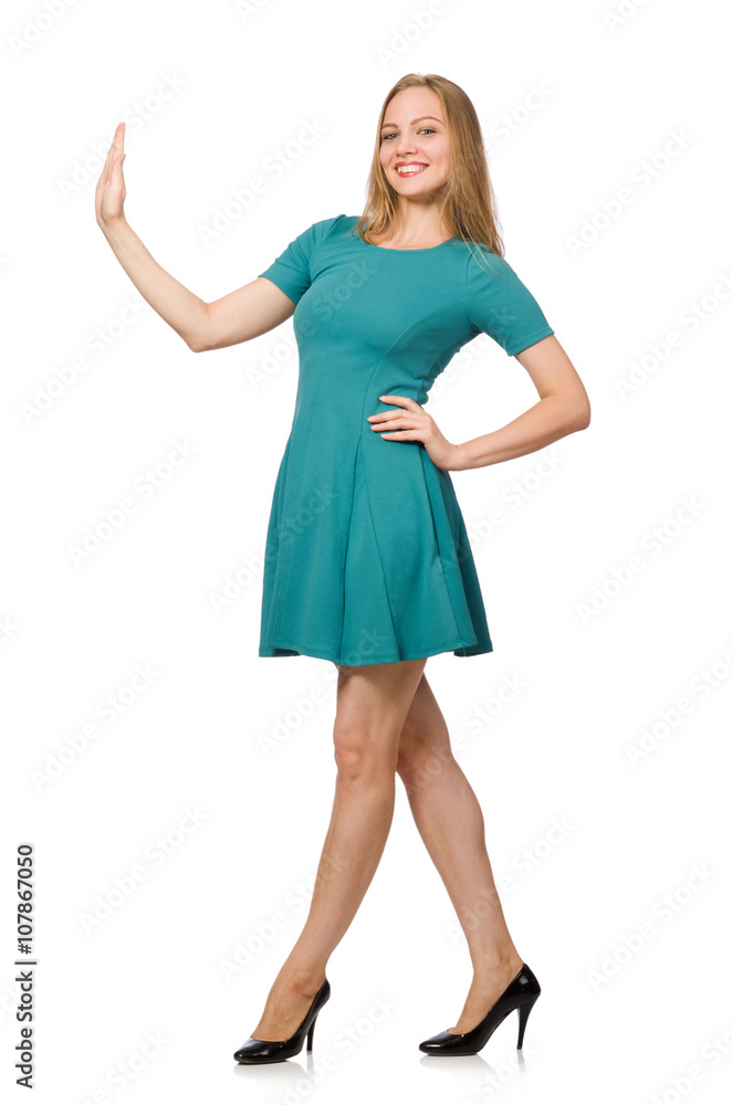 Charming caucasian woman wearing green dress isolated on white Charming caucasian woman wearing green dress isolated on white