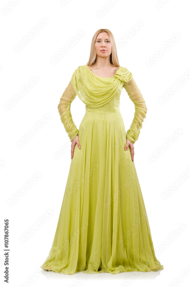 Young woman in elegant long green dress isolated on white