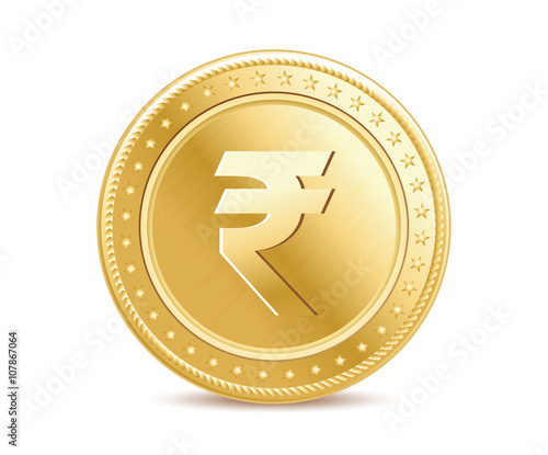 Golden isolated rupee coin on the white background