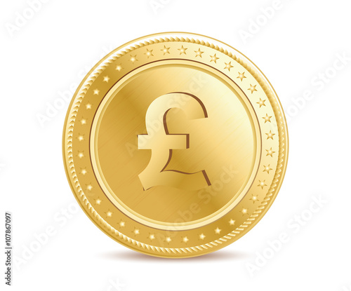 Golden pound sterling coin on the white background