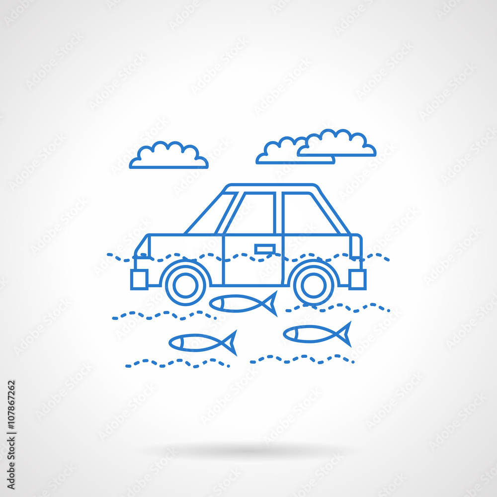 Car in river flat blue line vector icon