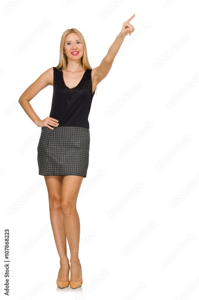Fototapeta premium Blond hair model wearing gray skirt isolated on white