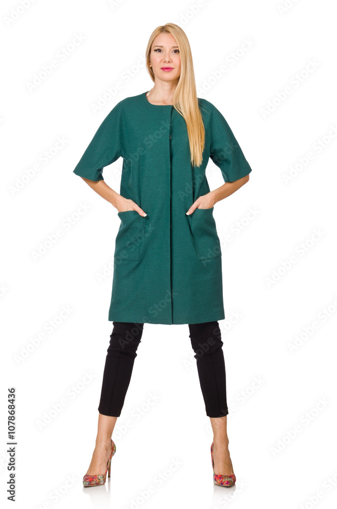 Woman in green coat isolated on white Woman in green coat isolated on white