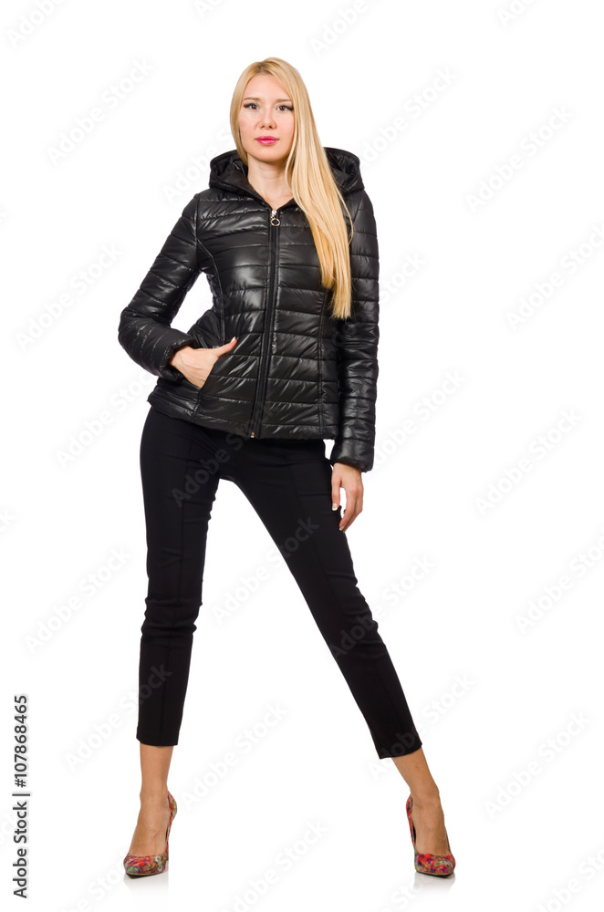 Caucasian woman wearing black jacket isolated on white