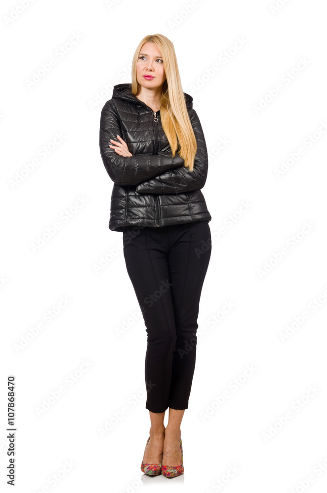 Caucasian woman wearing black jacket isolated on white Caucasian woman wearing black jacket isolated on white