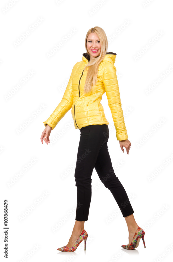 Caucasian woman in yellow jacket isolated on white Caucasian woman in yellow jacket isolated on white