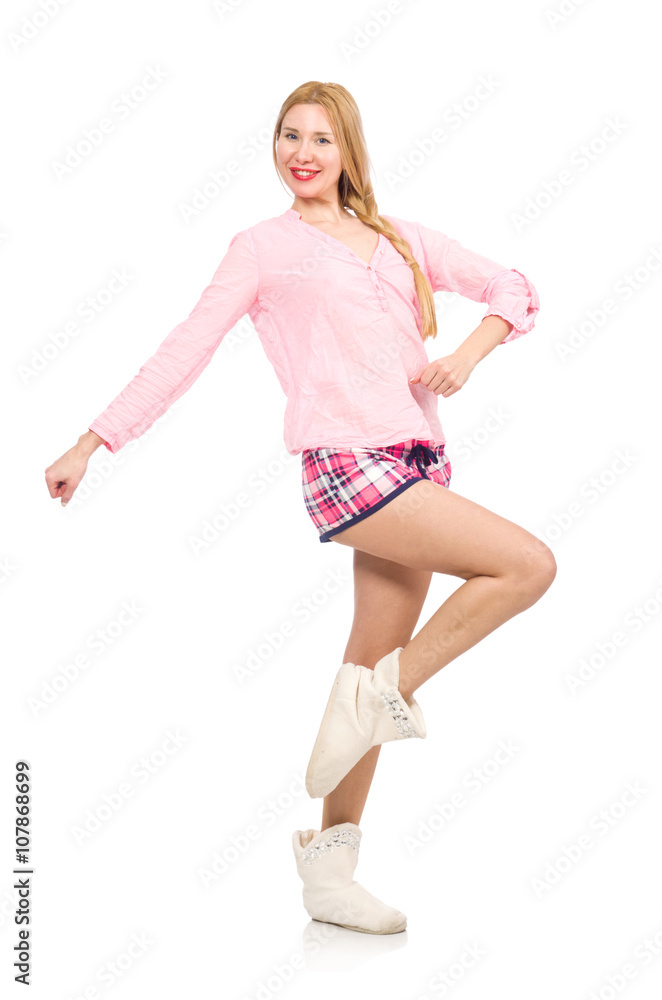 Pretty girl doing physical exercises isolated on white