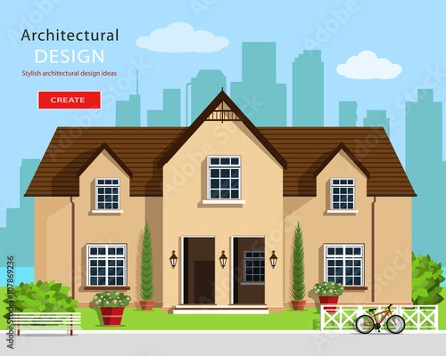 Modern graphic architectural design. Colorful set: house, bench, yard, bicycle, flowers and trees. Flat style vector house building. Cute house design. 