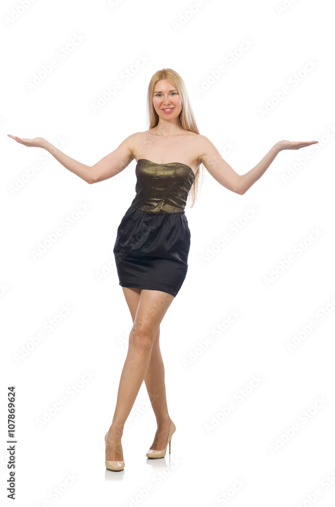 Model in strapless elegant dress isoalted on white Model in strapless elegant dress isoalted on white