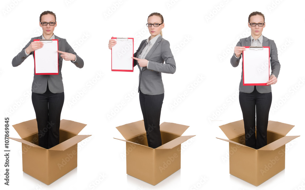 Obraz premium Composite image of woman with boxes on white
