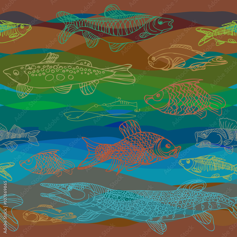 River and lake fish. Sketch Carp, big head, tench, Rudd, trout. Seamless pattern. The template for fabric and packaging.