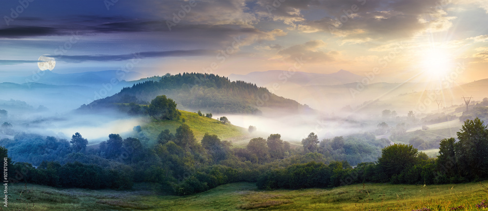 Obraz premium tajemnicza mgła na wzgórzu w wiejskiej okolicy