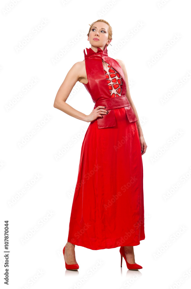 Blond hair model in dress with pomegranate isolated on white