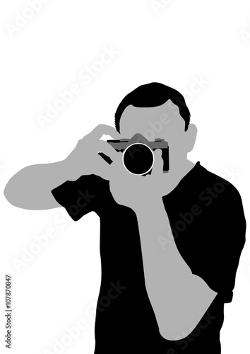 Man with a camera on white background