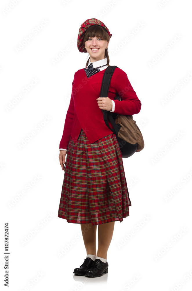 Girl in scottish tartan clothing isolated on white Girl in scottish tartan clothing isolated on white