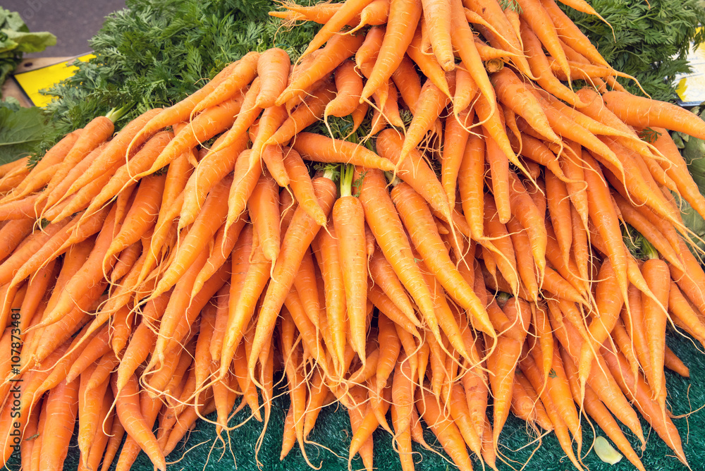 A bunch of carrots for sale at a market A bunch of carrots for sale at a market