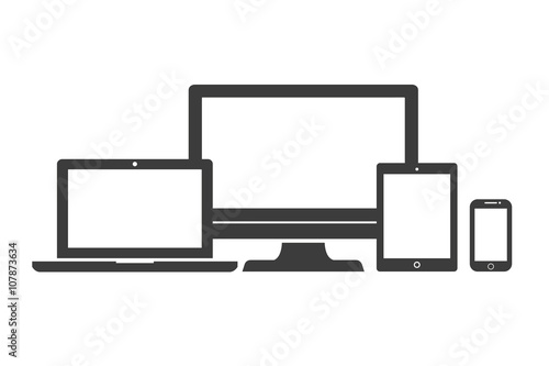 Device Icons: isolated smart phone, tablet, laptop and desktop computer. Stylish vector illustration of responsive web design.