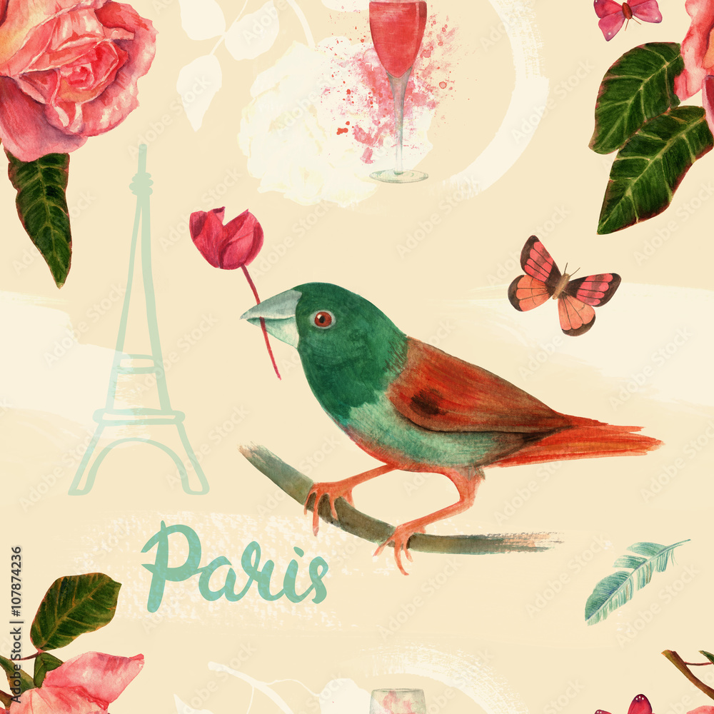 'Vintage Paris' seamless background pattern with stylized drawing