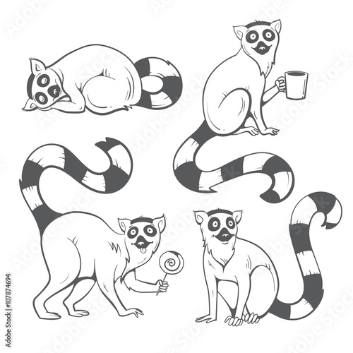 Cute cartoon ring tailed lemurs set. Funny four madagascar cats. Vector image. Children's illustration. Contour drawing.