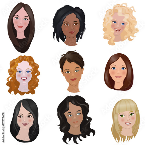 cute illustrations of beautiful young girls with various hair style