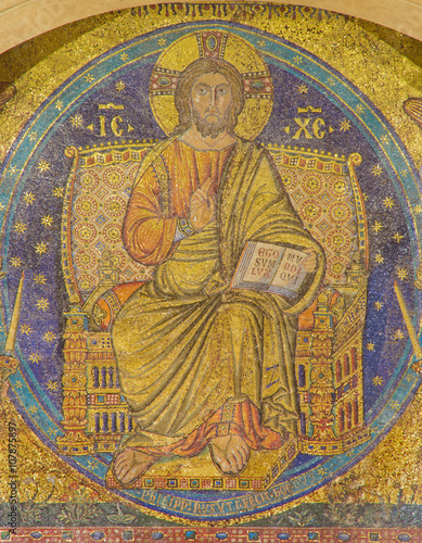 Rome - The mosaic of Jesus the Pantokrator in Byzantine style on the facade of Basilica di Santa Maria Maggiore by Filippo Rusuti from 13. cent.
