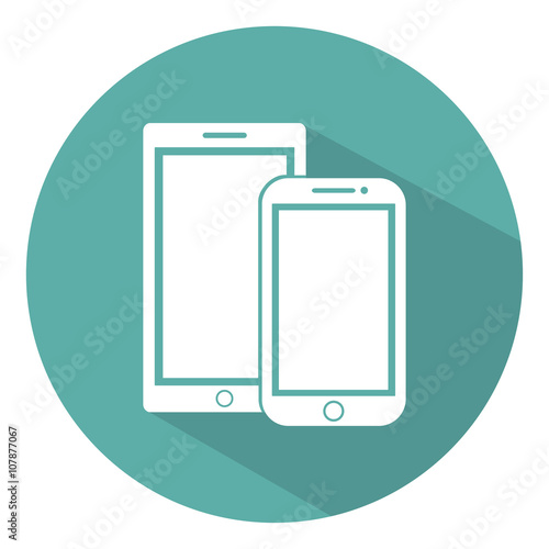 Mobile flat style icon with shadow on a green background, vector illustration