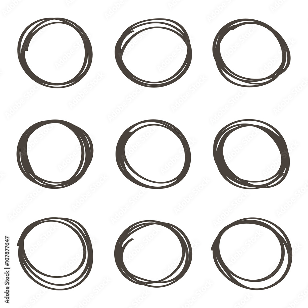 Doodle abstract scribble round shape design elements set, frames isolated on white background.