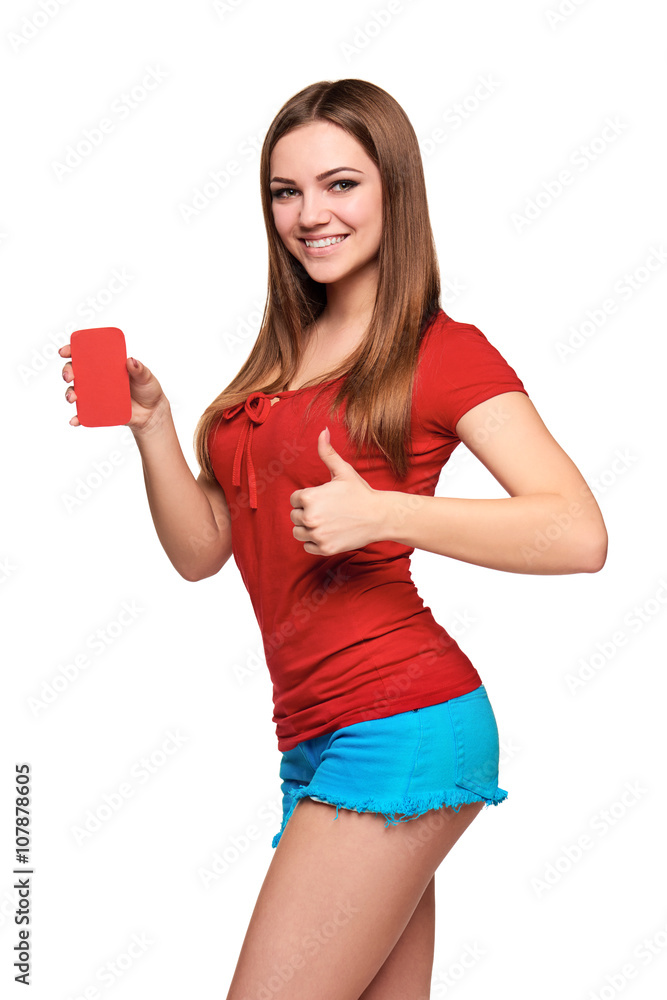 smiling teen girl holding blank credit card smiling teen girl holding blank credit card