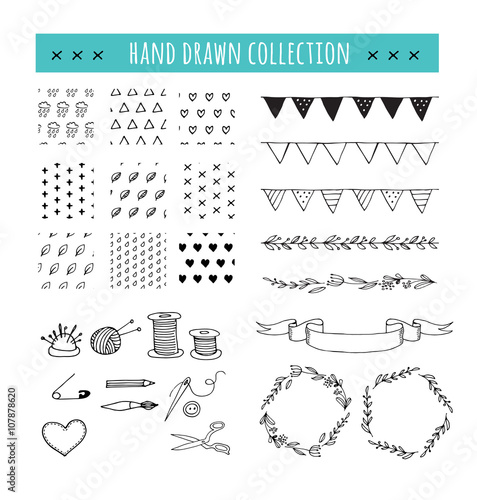 Handmade, crafts workshop icons, patterns and hand drawn illustrations