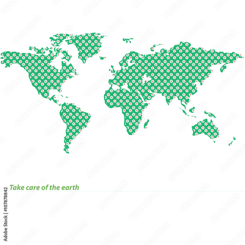 Green map of the earth with flowers. Environmental land.