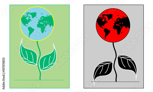 Clean and polluted land in the shape of a flower. Ecological situation in the earth. Postcard for the protection of nature. War on the earth.