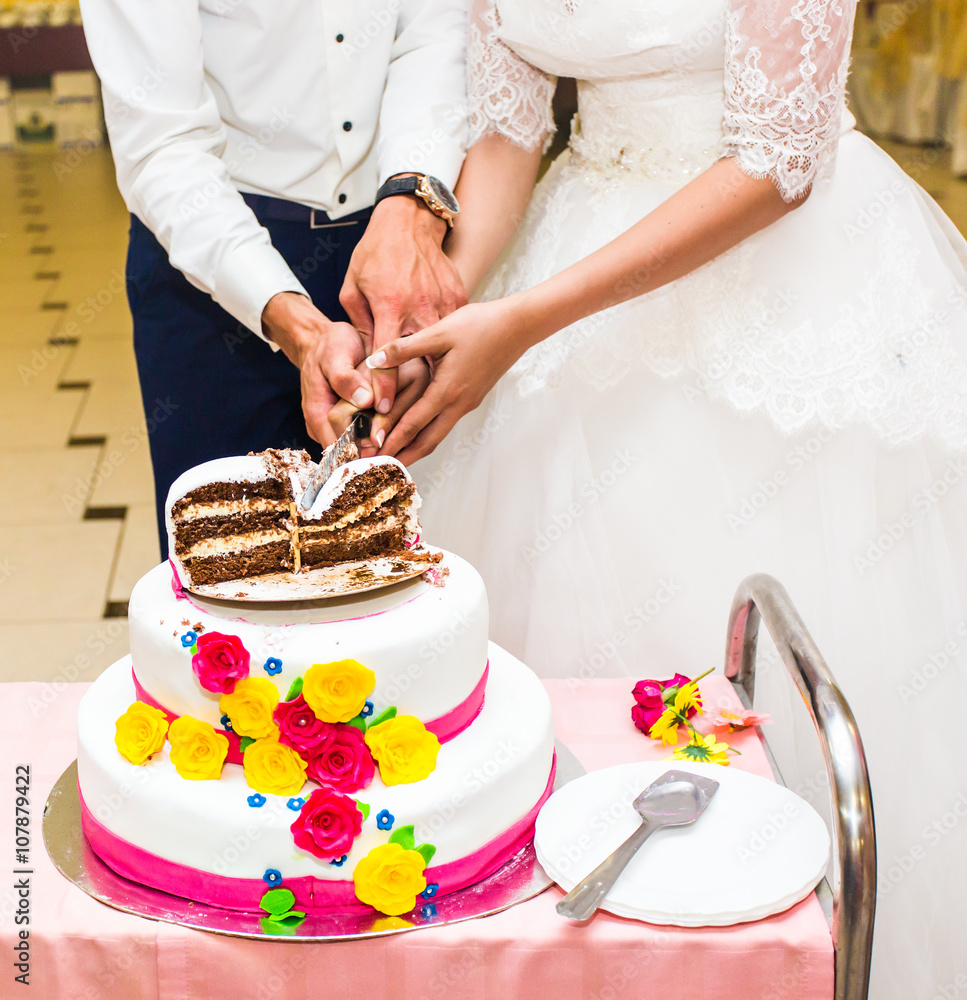 bride and a groom is cutting their wedding cake bride and a groom is cutting their wedding cake