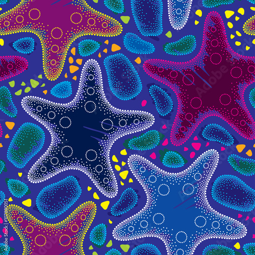 Vector seamless pattern with dotted Starfish or Sea star and pebbles in psychedelic colors on the dark blue background. Marine theme. Summer background in dotwork style. 