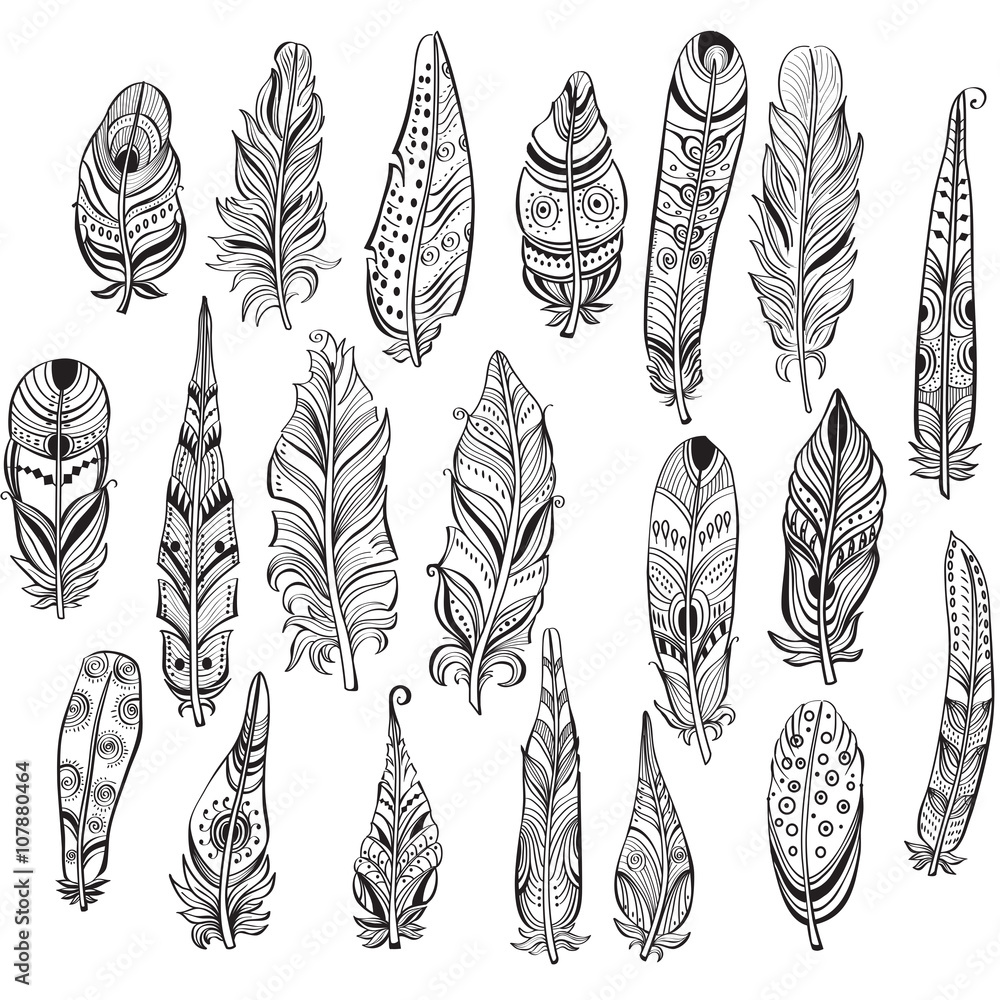 Set of ethnic feathers in native style Set of ethnic feathers in native style