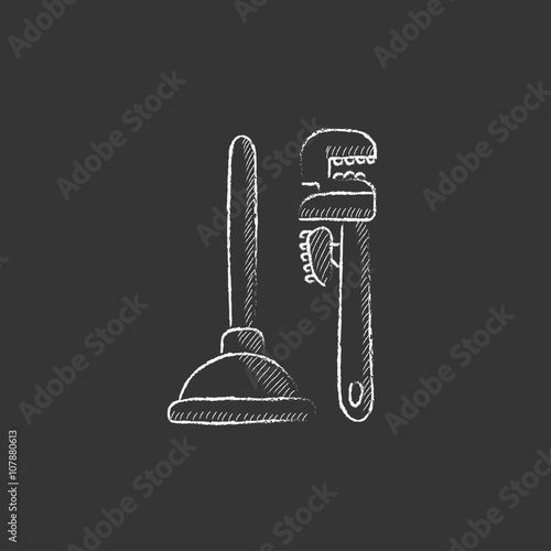 Pipe wrenches and plunger. Drawn in chalk icon.